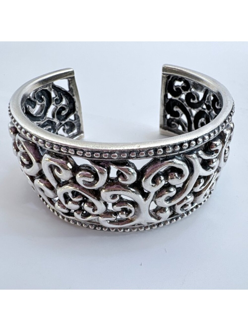 Openwork Scroll Design Sterling Silver 925 Beaded Border Cuff Bracelet 7.5" Fit - Picture 2 of 10